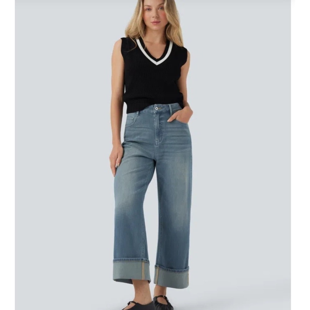 Halara Flex High Waisted Pockets Rolled Hem Wide Leg Casual Jeans Small Petite